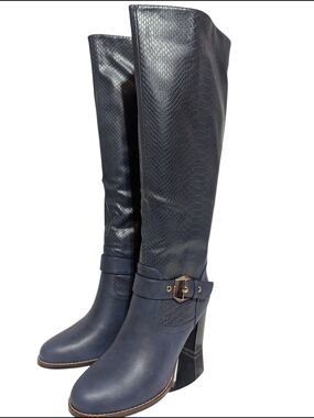Women's Navy Over-the-Knee Buckle Block Heel Boots
